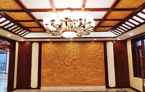 图们中式别墅客厅中式木作横梁吊顶装饰展示